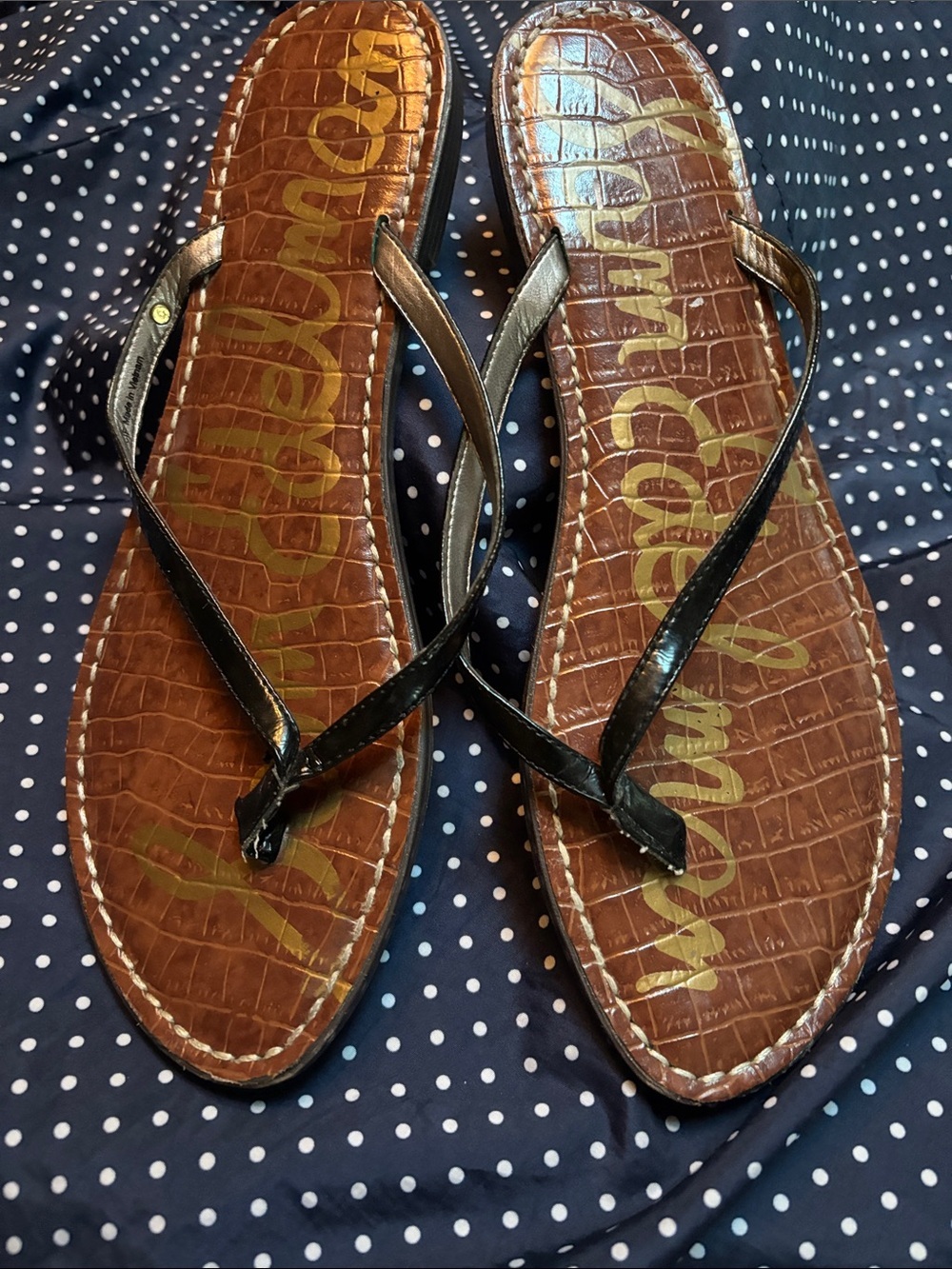 Sam Edelman Black Patent Thong Sandal with Brown Croc-Embossed Footbed